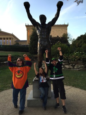 Hippie Joe, Rachel Paul, and Scottie D at the Rocky statue
